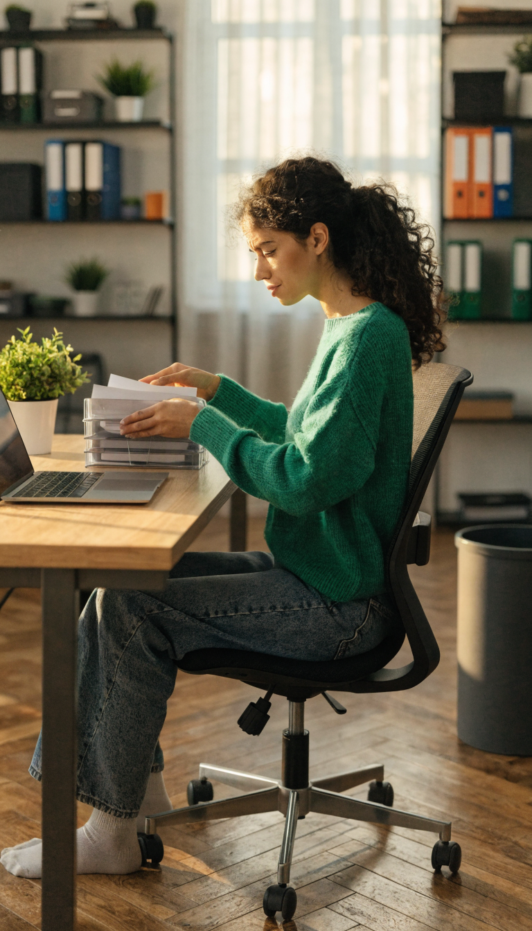 A bright, organized small home office during golden hour with a professional woman tidying up her workspace, returning a stack of papers to a desktop file organizer, desk surface nearly clear with just a laptop and small plant visible, minimal clutter, warm natural lighting streaming through a window, modern ergonomic chair, wall-mounted shelves with neatly arranged supplies in the background, waste bin beside the desk, peaceful end-of-day atmosphere, professional photograph with shallow depth of field