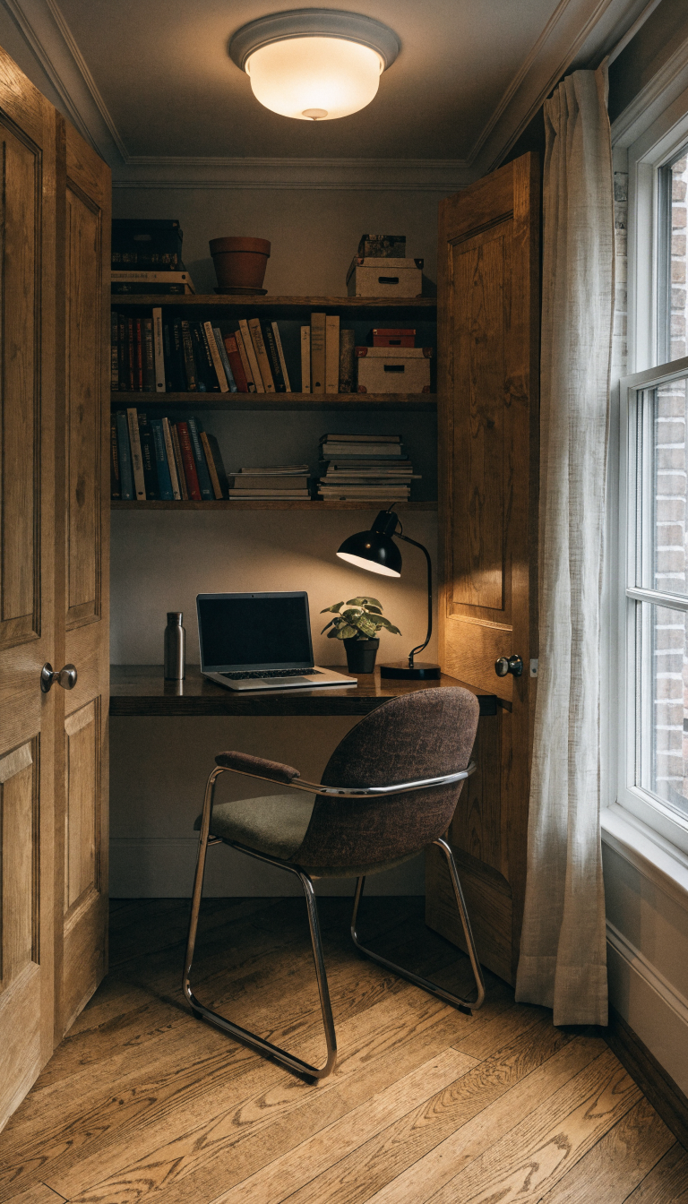A cozy, well-organized home office workspace converted from a small closet with the doors open, showing a compact floating desk with a laptop, task lamp, and small potted plant, neat shelving above with books and decorative storage boxes, a comfortable desk chair tucked in, painted walls in a light neutral color, good lighting from an overhead fixture and natural light coming from the side, professional styled interior photography, realistic home office setup, shallow depth of field, warm and inviting atmosphere