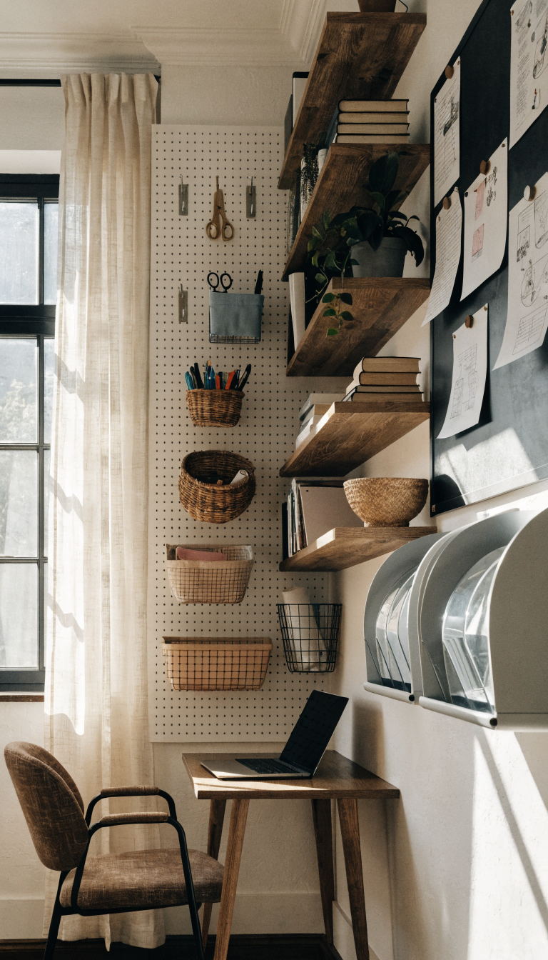 A stylish small home office featuring extensive vertical wall-mounted storage solutions, with a white pegboard wall displaying organized office supplies in colorful baskets and gold hooks, floating wooden shelves at staggered heights holding books and plants, a magnetic board with notes, and sleek wall-mounted file organizers, all above a minimalist compact desk with a laptop, photographed in bright natural light with a modern Scandinavian aesthetic, shot from a slight angle to showcase the vertical storage maximizing wall space