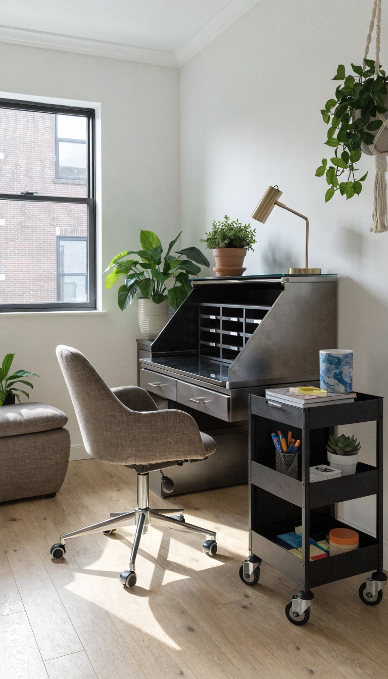 A bright, modern home office in a small apartment showcasing multi-functional furniture, featuring a sleek wall-mounted secretary desk that folds up with hidden storage compartments, a stylish rolling cart with office supplies serving as additional workspace, and a contemporary storage ottoman in a corner, all arranged in a compact but organized layout with natural light streaming through a window, photographed in a clean minimalist style with neutral tones and pops of color from plants and accessories