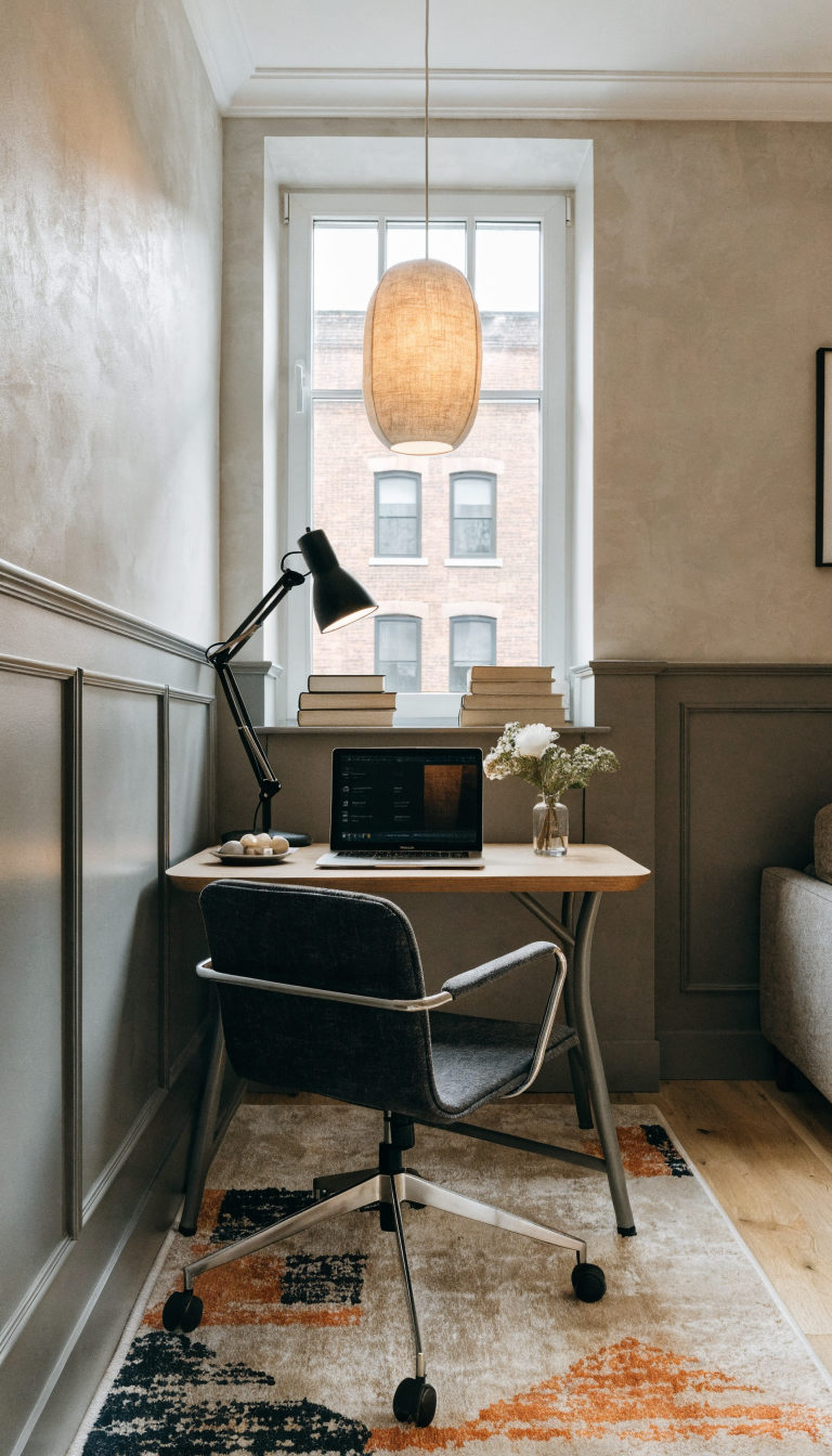 A stylish small home office corner in a modern apartment, featuring a compact desk with a laptop and minimal decor positioned on a textured area rug that clearly defines the workspace zone, illuminated by a sleek adjustable desk lamp and warm overhead pendant light, with the rug creating a visual boundary between the office area and the adjacent living space, shot from a slightly elevated angle to show the spatial definition, natural light from a nearby window mixing with artificial lighting, contemporary minimalist design with neutral tones and pops of color, professional interior photography style with sharp focus and excellent lighting balance